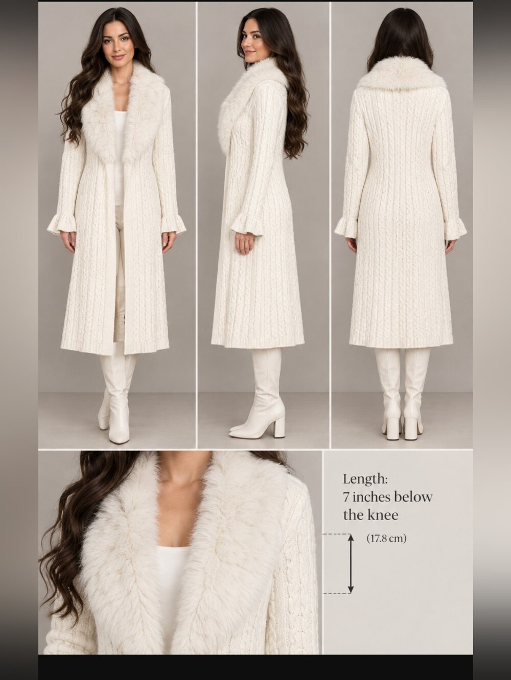 Women's Long Cable Knit Coatigan with Faux Fur Collar - Cream
